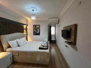 een slaapkamer met een bed en een tv aan de muur bij Alida Hotel Pamukkale in Pamukkale