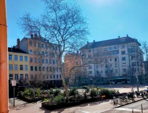 a group of buildings and a tree in a courtyard at Studio Croix Rousse in Lyon