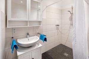 a white bathroom with a sink and a shower at Leben am Weinberg in Herbstein +15 photos