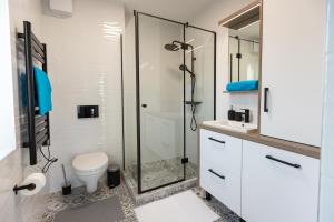 a bathroom with a toilet and a glass shower at Pelso Lodge Alsóörs in Alsóörs +27 photos