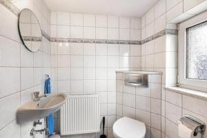 a bathroom with a sink and a toilet and a mirror at Ferienwohnung Schuhmacher in Donaueschingen +17 photos