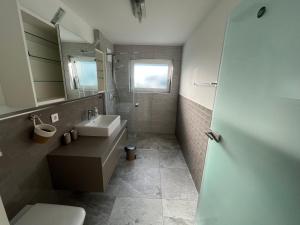 a bathroom with a sink and a toilet and a mirror at Ferienwohnung am Rotmannsweg in Marbach am Neckar +18 photos