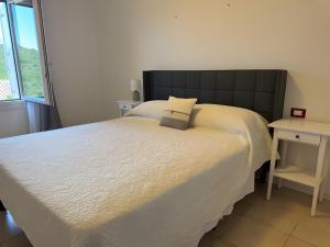 a bedroom with a large bed with a black headboard at Appartamento Sea View in Baja Sardinia