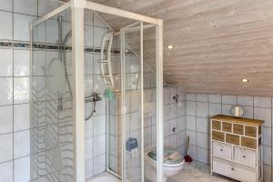 a bathroom with a shower and a toilet at Fewo Tanja's Blumenparadies in Hollfeld +26 photos