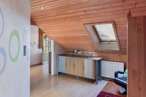 a room with a wooden ceiling with a sink and a mirror at Fewo Tanja's Blumenparadies in Hollfeld