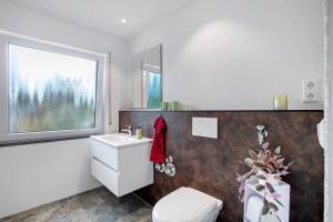 a bathroom with a toilet and a sink and a window at Lieblingsplatz in Küssaberg +20 photos