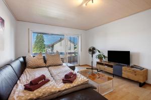 a living room with a couch and a television at Lieblingsplatz in Küssaberg