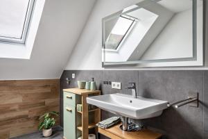 a bathroom with a sink and two skylights at Fewo Ebringen Vogesenblick in Ebringen +25 photos