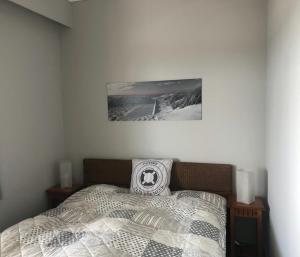 a bedroom with a bed with a picture on the wall at Wellness Penthouse Meerblick in Sierksdorf +14 photos