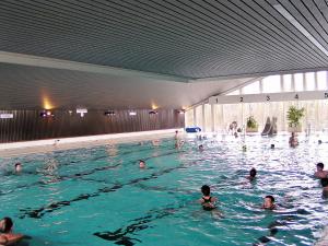 a group of people swimming in a swimming pool at Wellness Penthouse Meerblick in Sierksdorf