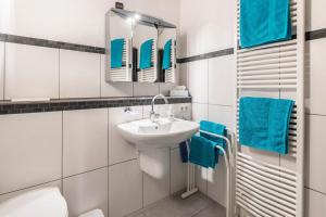 a bathroom with a sink and a toilet and blue towels at Ferienwohnung am Bregenberg in Bräunlingen +13 photos