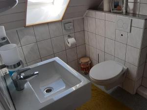 a bathroom with a sink and a toilet at Ferienwohnung Ruhrort in Brilon +5 photos