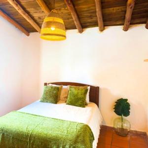 a bedroom with a bed with a green blanket at Casa d’ avó Lita in Falcoeiras