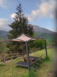 a picnic table with an umbrella in a field at Glamping C Selva Tenda Quercia in Piano Porlezza +3 photos