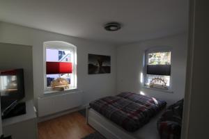 a living room with a bed and two windows at Ferienwohnung am Bärenstein in Bärenstein