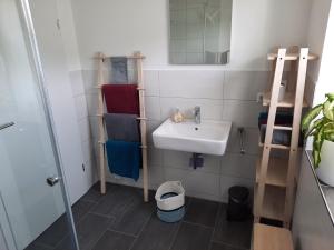 a small bathroom with a sink and a mirror at Ferienwohnung Im Eyachtal in Albstadt +14 photos
