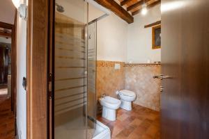 a bathroom with a toilet and a glass shower at Casetta di Ugolino in Radicofani +25 photos