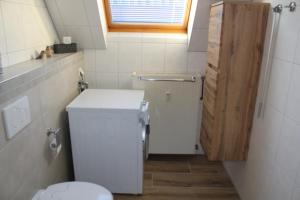 a small bathroom with a toilet and a window at Ferienwohnung Am Wehr in Georgensgmünd