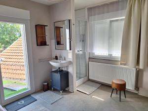 a bathroom with a sink and a mirror and a window at Ferienwohnung Schatzkammer in Walporzheim