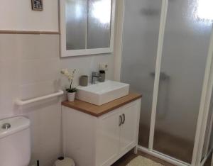 a white bathroom with a sink and a shower at O Bolaño Apto 3 in Villarino de Conso +37 photos