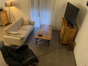 a living room with a couch and a tv and a chair at Maison de Violette in Serrières-de-Briord