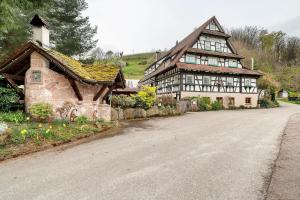 a large wooden house with a road in front of it at Holzwurm Apartments in Sasbachwalden