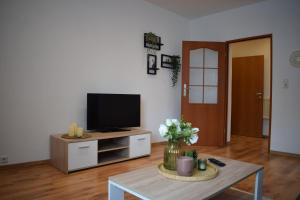 a living room with a tv and a table with flowers at Ferienwohnung Jacobi in Weißenfels