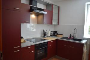 a kitchen with red cabinets and a sink at Ferienwohnung Jacobi in Weißenfels