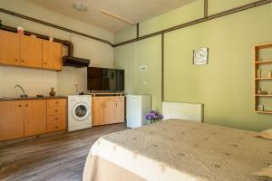 a room with a bed and a kitchen with a washing machine at Vangelis studio 2 in Kefalonia