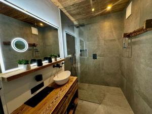 a bathroom with a sink and a shower at Chalet Almblick mit Sauna in Tauplitz +37 photos