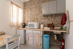 a kitchen with a counter with a microwave and a sink at Green Retreats 5 Paros in Isterni +11 photos