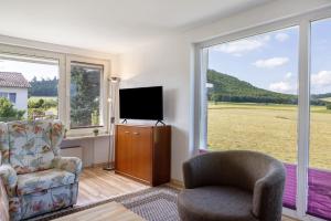 a living room with a tv and a chair and a large window at Haus Lerchenweg in Bad Wildungen