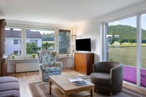 a living room with two chairs and a tv at Haus Lerchenweg in Bad Wildungen