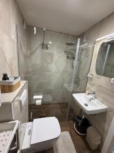 a bathroom with a shower and a toilet and a sink at Bagdala apartman Krusevac in Kruševac +26 photos