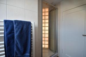 a bathroom with a blue towel and a mirror at Apartment Alter Fritz in Potsdam +2 photos