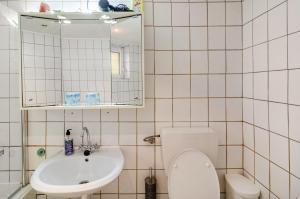 a bathroom with a toilet and a sink and a mirror at Haus am Rand des Harz in Bad Lauterberg +32 photos