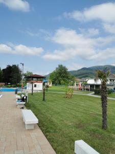 ein Park mit Bänken im Gras und einem Pool in der Unterkunft Schuttig in Elzach