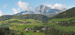 a village on a green hill with a mountain at Lingerhof Alpenrose in Meltina