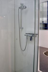 a shower in a bathroom with a glass door at Tiny Haus an der Schlei in Kosel +20 photos
