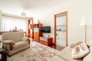a living room with a couch and a tv at Lagoa Residence in Esposende