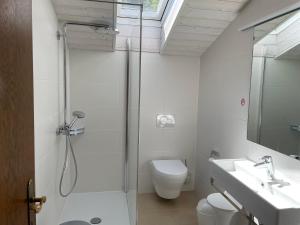 a bathroom with a shower and a toilet and a sink at Fewo 1 am Auweg in Hirschegg +32 photos