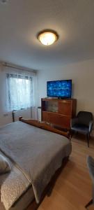 a bedroom with a bed and a flat screen tv at Fremdenzimmer Familie Förster in Villingen-Schwenningen +16 photos