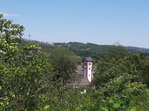 a small white building in the middle of trees at Ferienwohnung Busch in Meinerzhagen