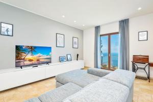a living room with two couches and a flat screen tv at Orizzonte Damare in Volastra