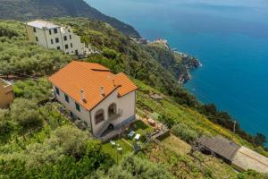 an aerial view of a house on a hill next to the water at Orizzonte Damare in Volastra