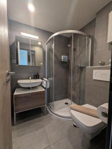 a bathroom with a shower and a toilet and a sink at City Apartments Osnabrück - Balkon & Parken inklusive in Osnabrück +42 photos