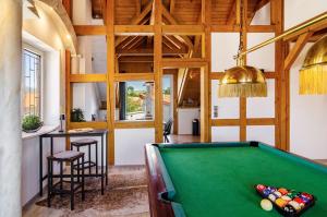 a pool table in the middle of a room with a bar at Appartement Männerleben in Harztor