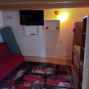 a living room with a red couch and a flat screen tv at Monolocale Carfon in Canale dʼAgordo
