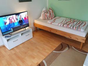 a living room with a bed and a flat screen tv at Haus im Grünen in Hoppegarten