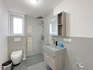 a bathroom with a toilet and a sink and a shower at Ferienwohnung Hochwangen in Ichenhausen +38 photos